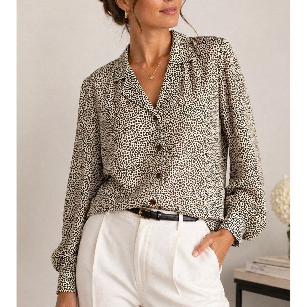 VTG Leopard Safari Womens Top  S Brown Cheetah Print Classic Neutral Office Chic